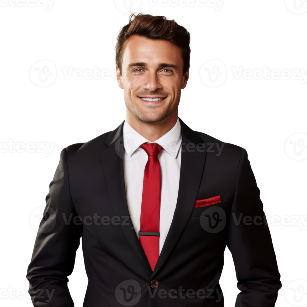young handsome man wearing a black suit and a red tie. isolated on transparent background png
