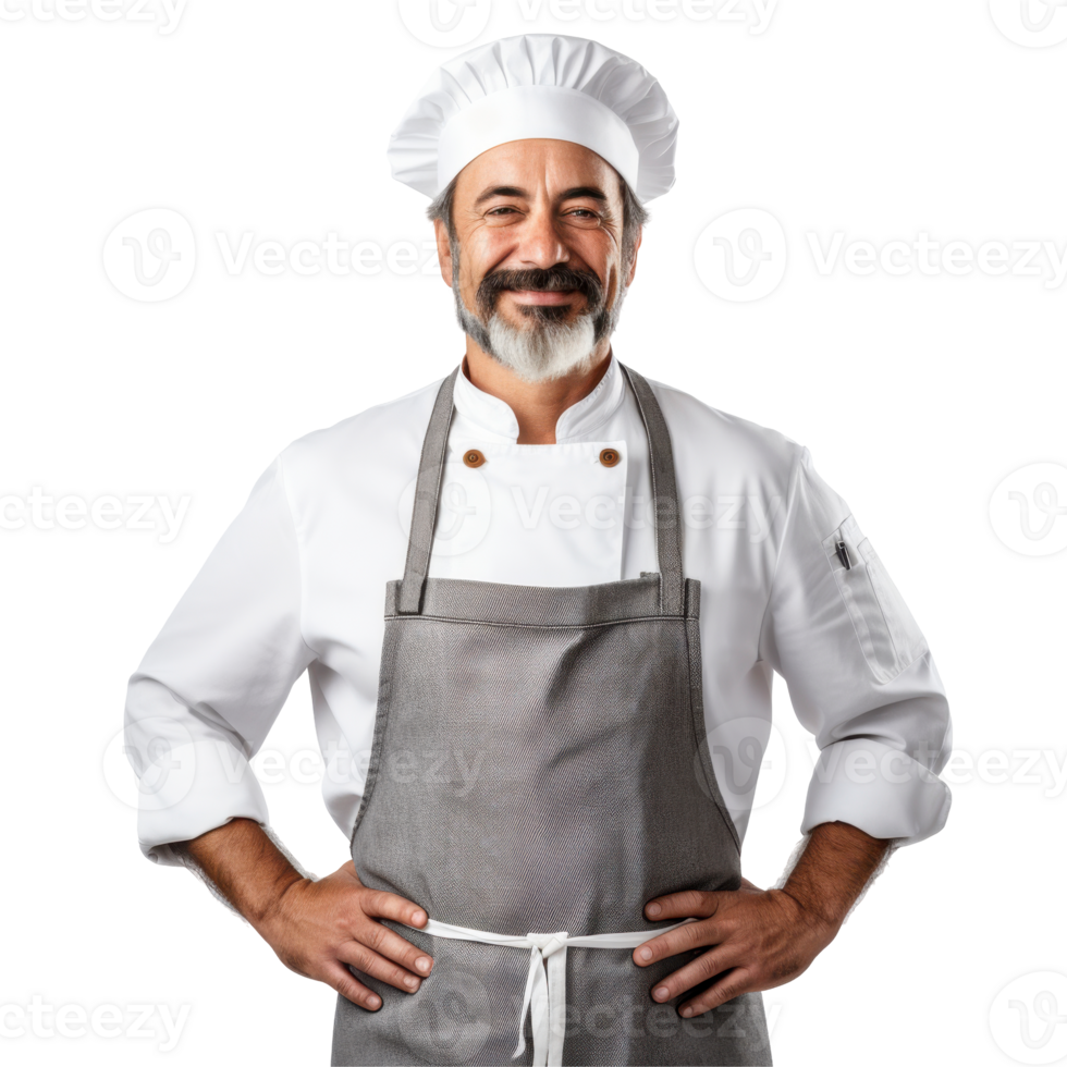 chef is wearing a white apron and a white hat. isolated on transparent background png