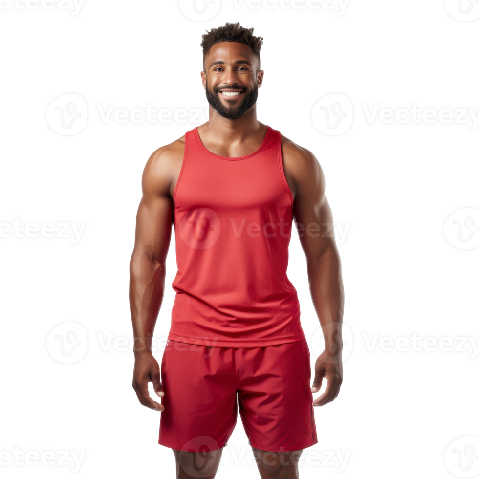 man in red tank top and red shorts is smiling. isolated on transparent background png