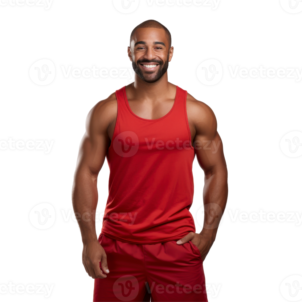 black fit man in a red tank top and red shorts is smiling. isolated on transparent background png
