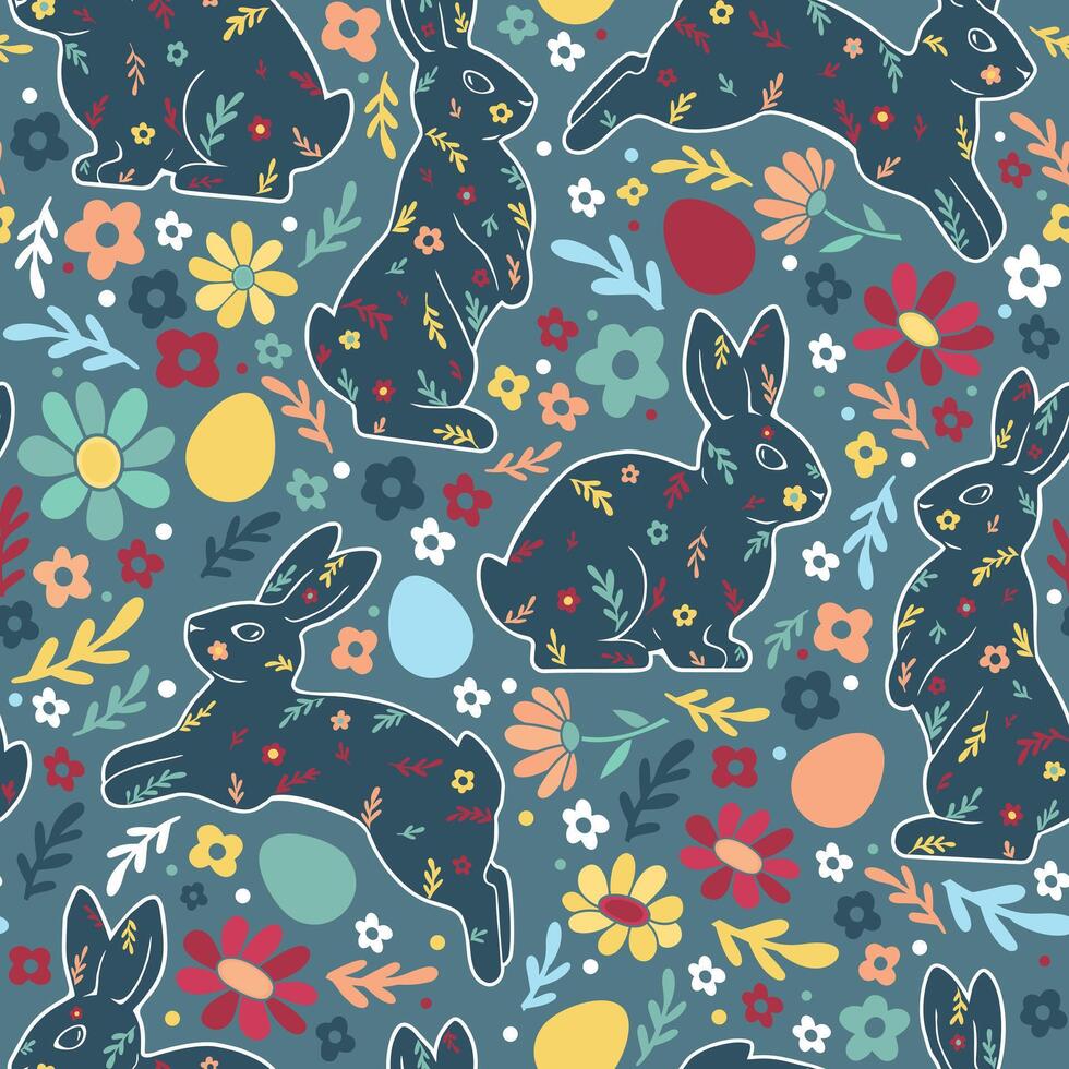 Happy Easter seamless pattern. Colorful bright modern illustration with rabbits, eggs, and flowers for fabric, wrapping paper vector
