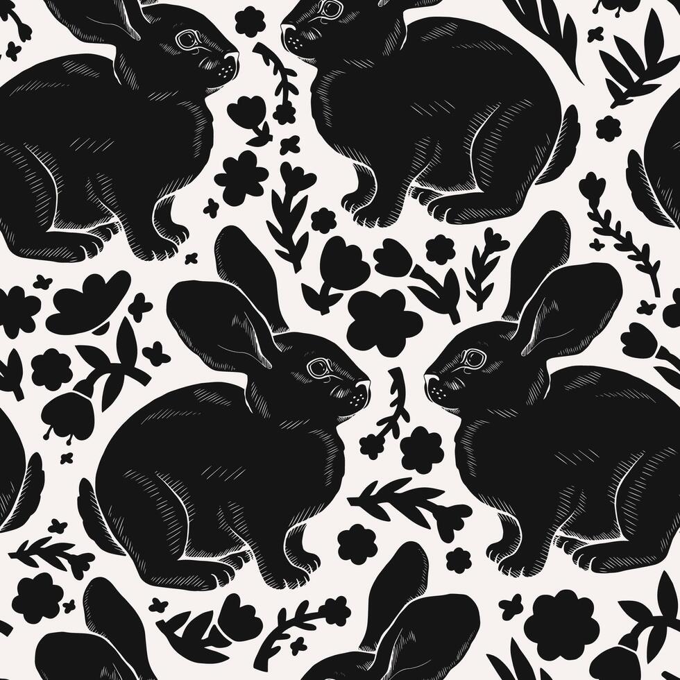 Seamless pattern of drawn rabbits and flowers. Simple black and white illustration. vector
