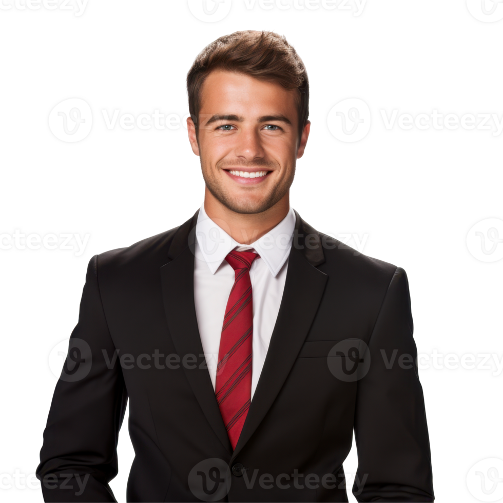 man wearing a black suit and a red tie. isolated on transparent background png
