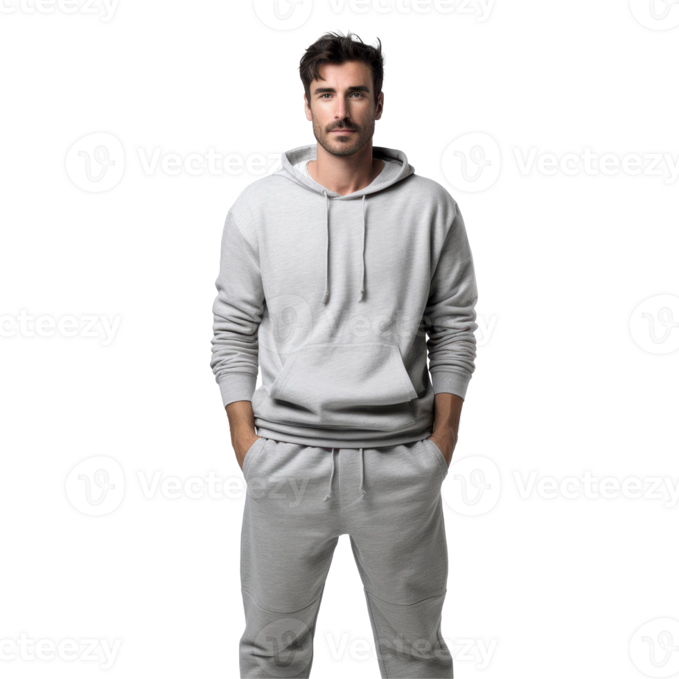 young man wearing a gray sweatshirt and gray pants. isolated on transparent background png