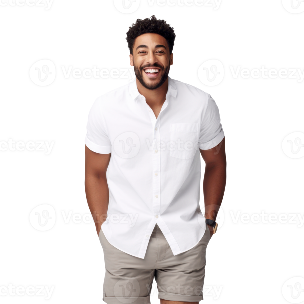 A man is smiling and wearing a white shirt and khaki shorts. isolated on transparent background png