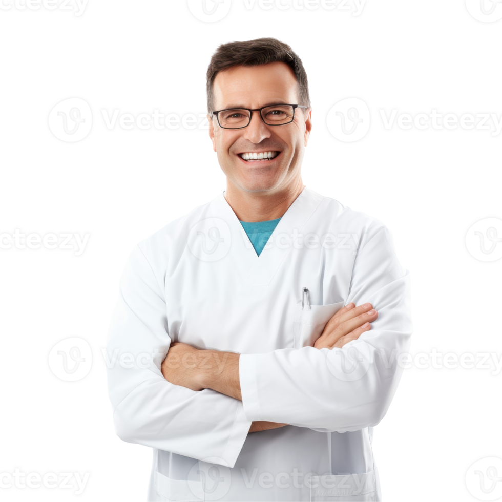 Doctor in a white coat with a blue shirt and glasses. isolated on transparent background png