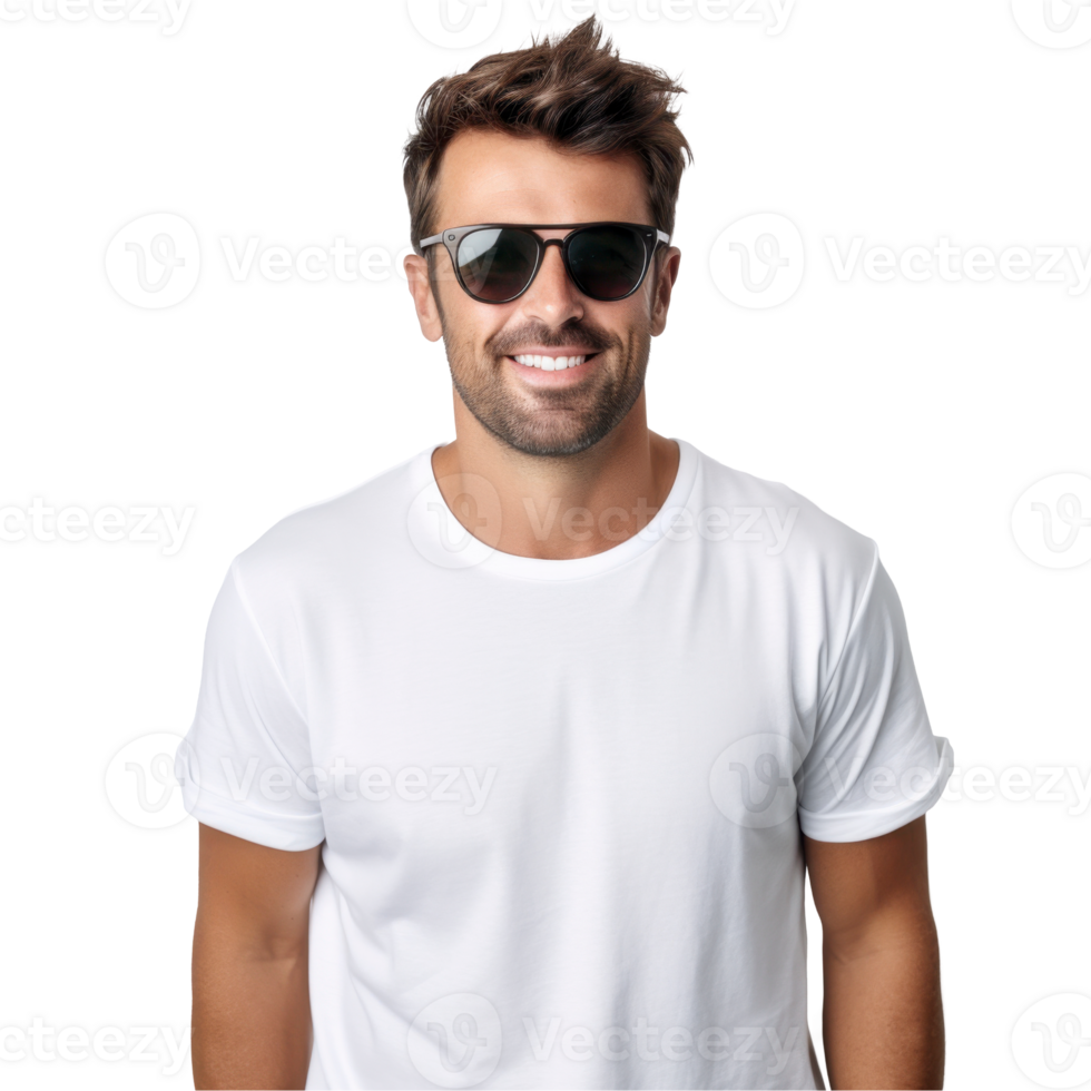 Handsome Man wearing sunglasses and a white t-shirt. isolated on transparent background png