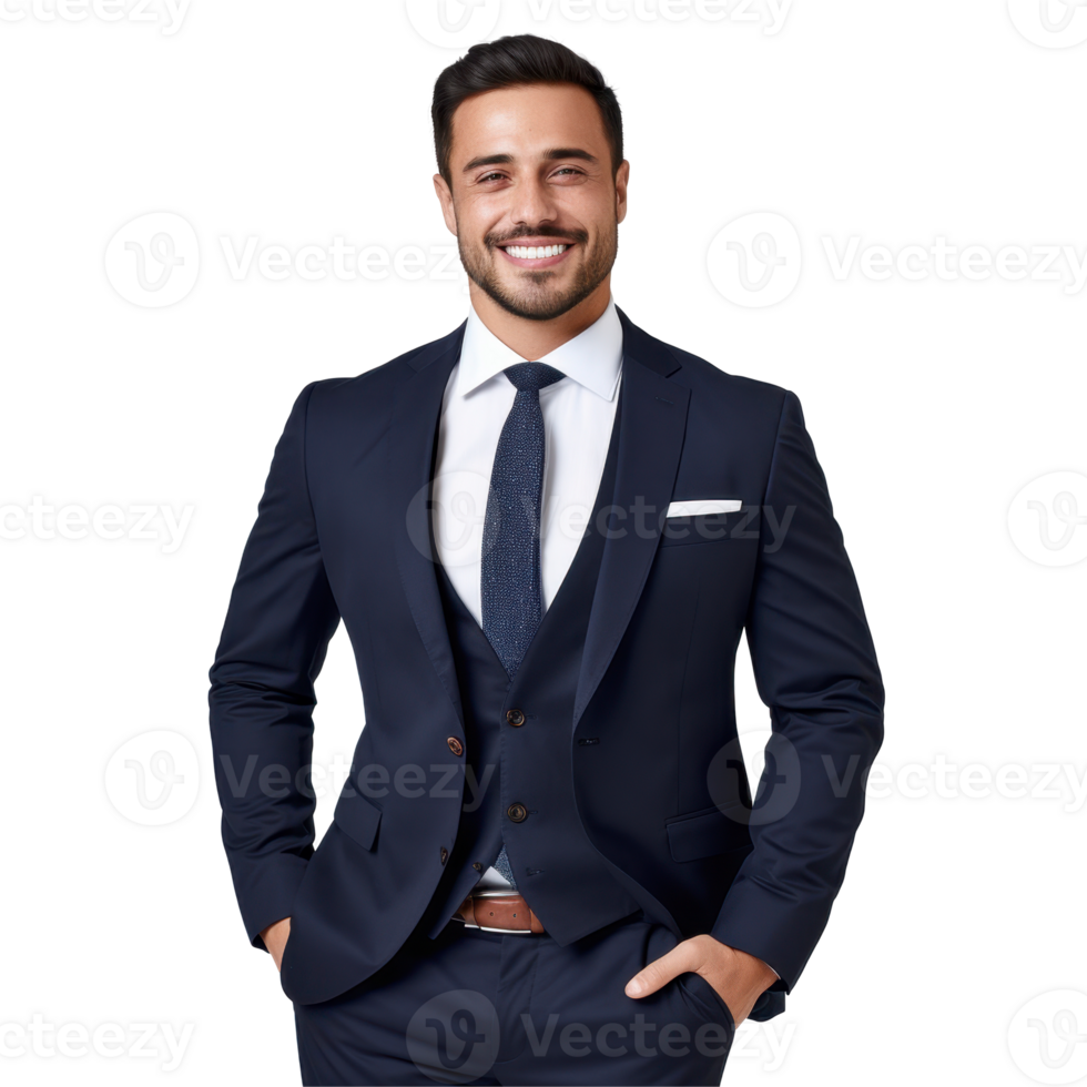 Businessmen in a blue suit and tie is smiling and holding a piece of paper. isolated on transparent background png