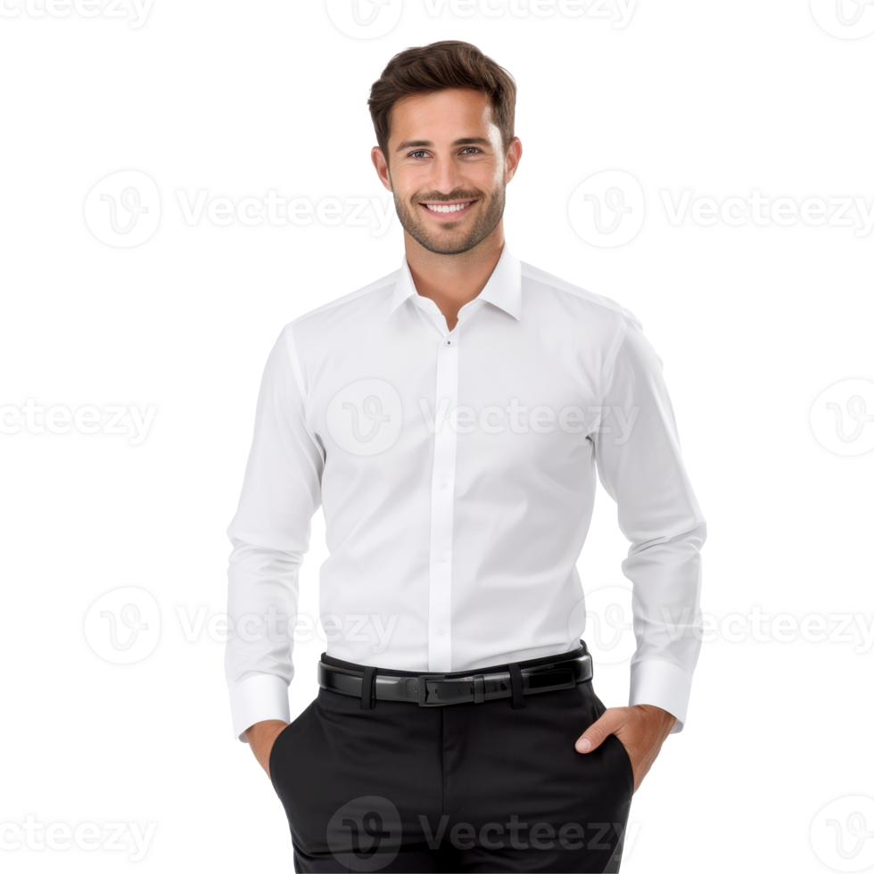 Young man is wearing a white shirt and black pants. isolated on transparent background png