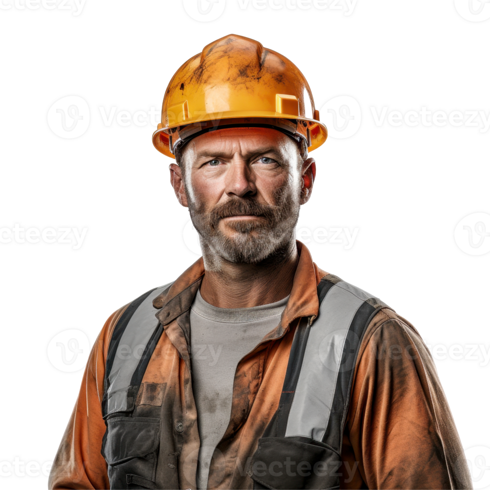 A man wearing a yellow hard hat and orange vest. isolated on transparent background png