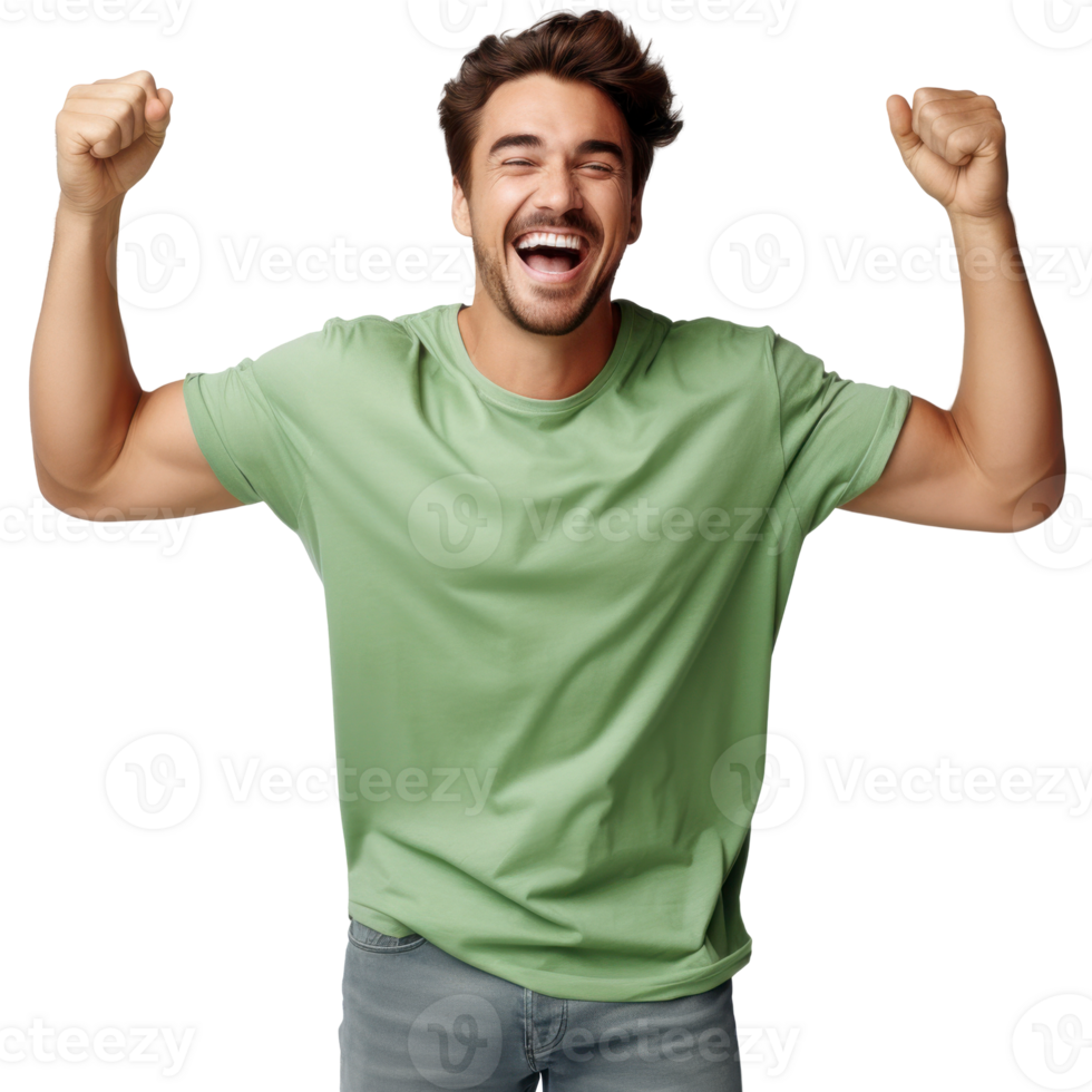 A man is smiling and holding his arms up in the air. isolated on transparent background png