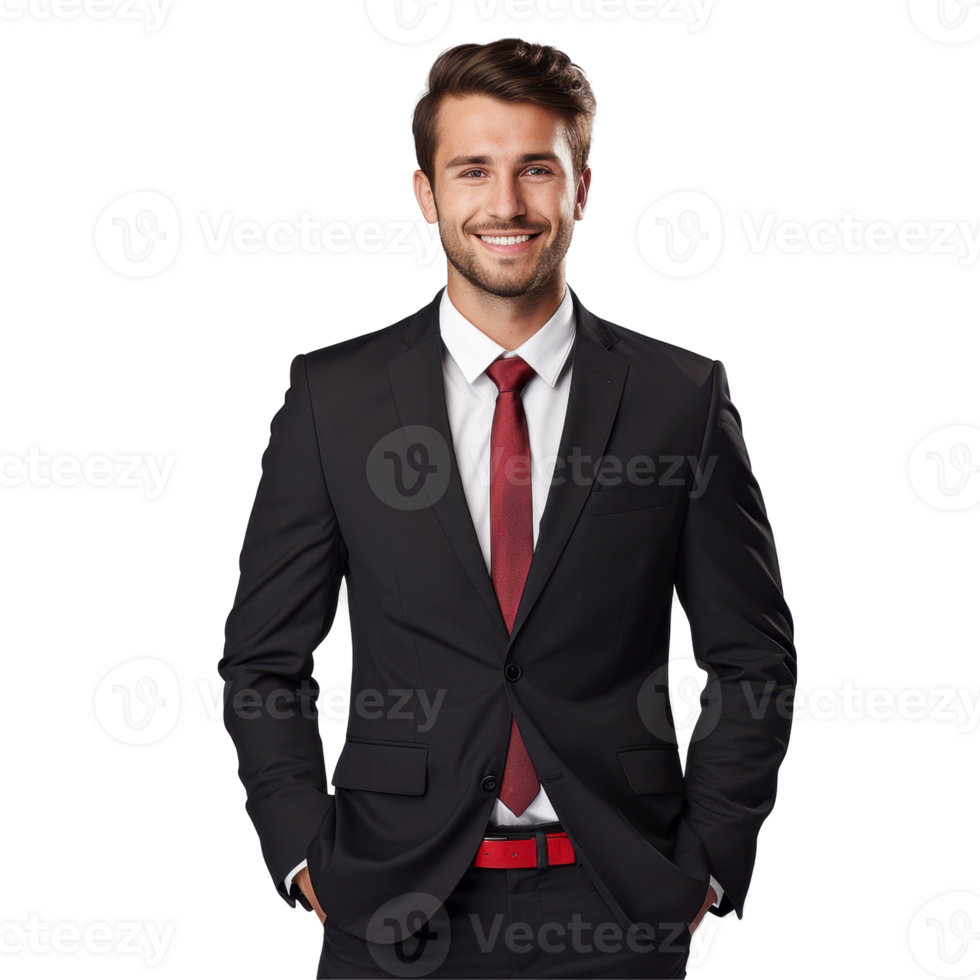 A man in a suit and red tie is smiling. isolated on transparent background png