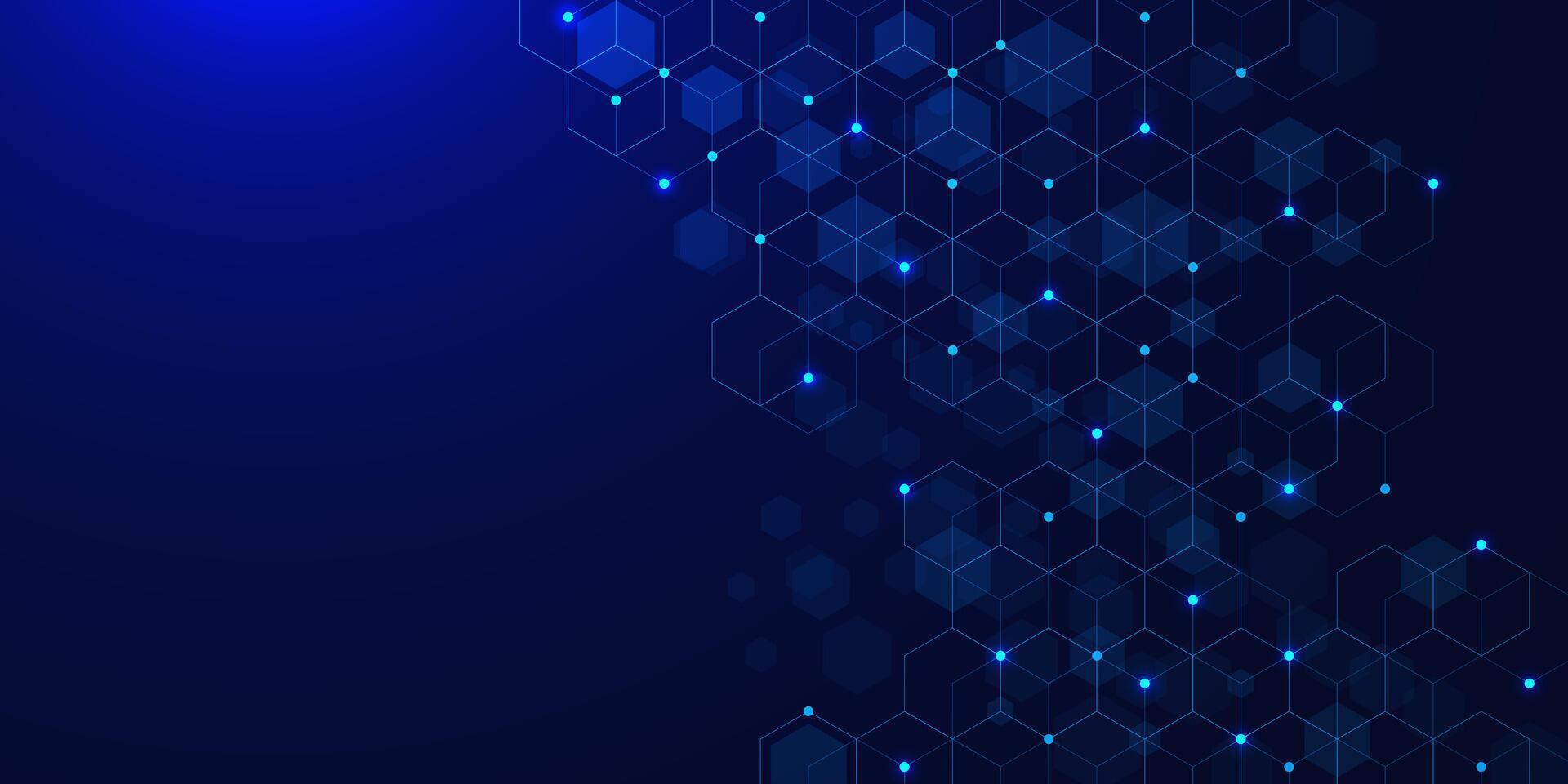 Abstract hexagons shape with glowing dots on dark blue background. Simple geometric for molecular structure and genetic engineering DNA vector