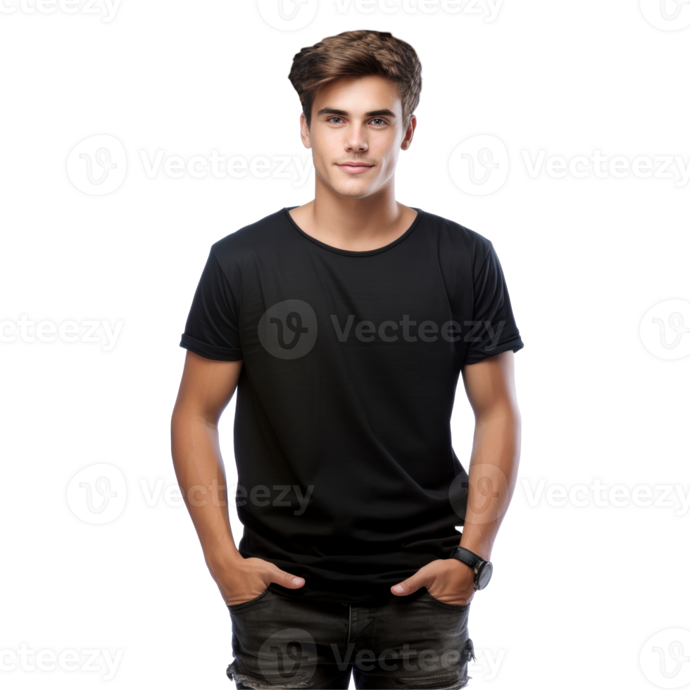 Young boy in a black t-shirt and jeans. isolated on transparent background png