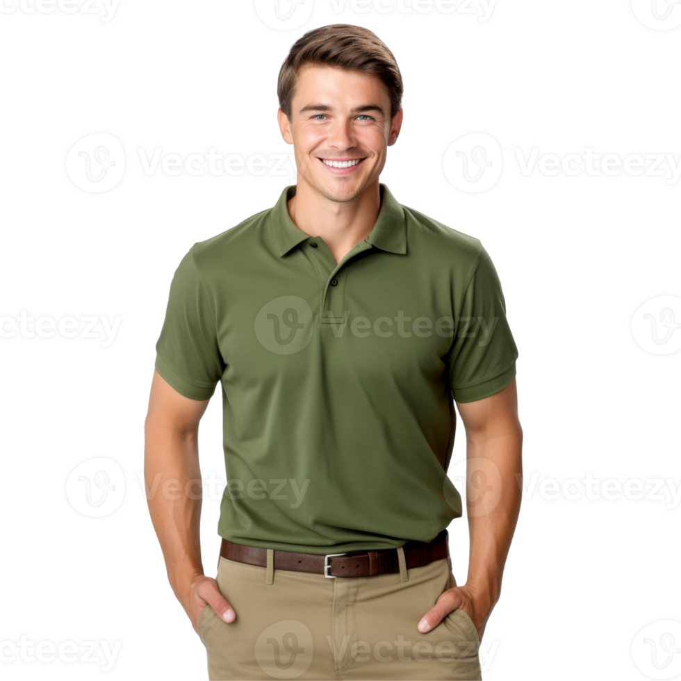 Handsome young man in a green shirt and khaki pants is smiling. isolated on transparent background png