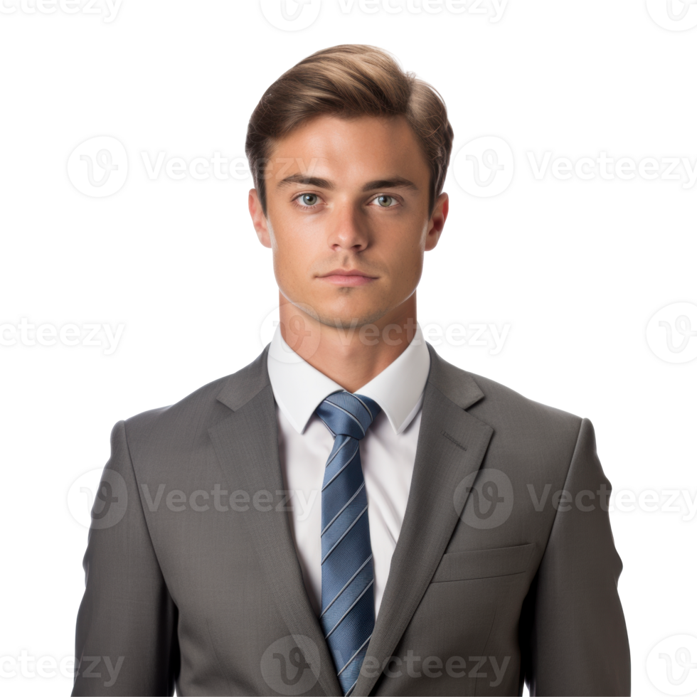 Handsome young Man wearing a gray suit and a blue tie. isolated on transparent background png