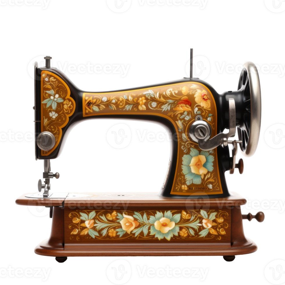 brown sewing machine with gold and floral designs. isolated on transparent background png