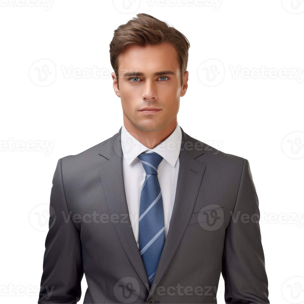 Man wearing a gray suit and a blue tie. png
