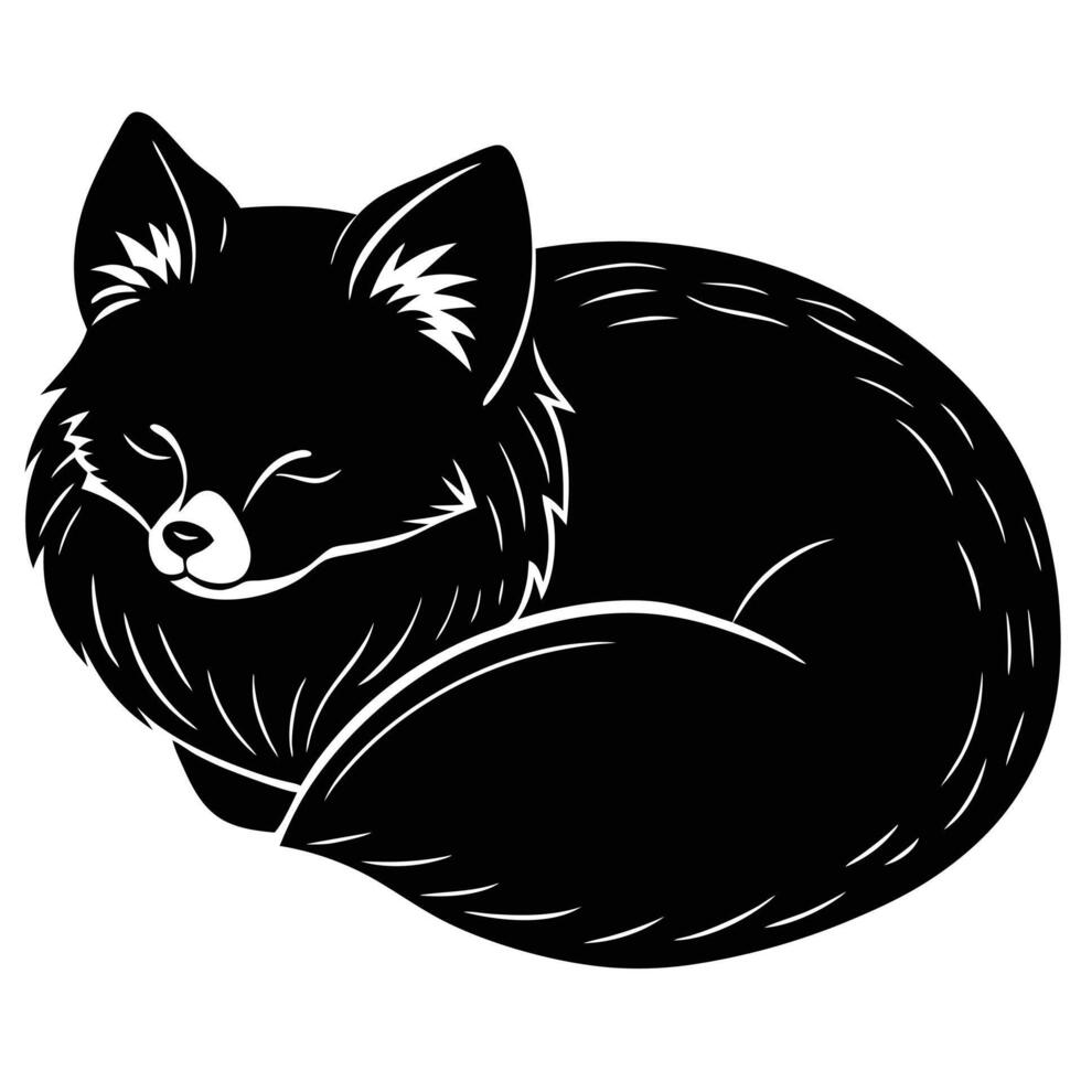 A black and white illustration of a sleeping fox vector