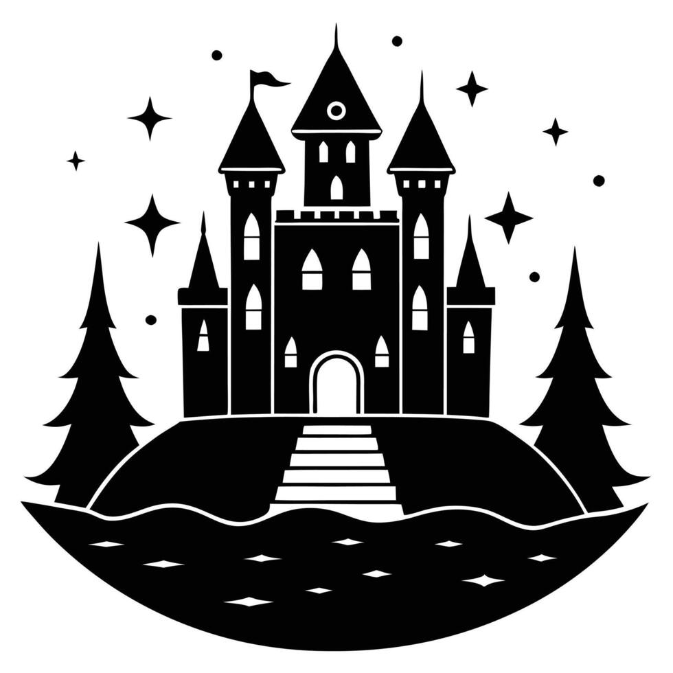 A black and white illustration of a castle vector