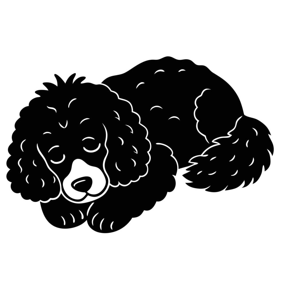 A black and white illustration of a dog laying down vector