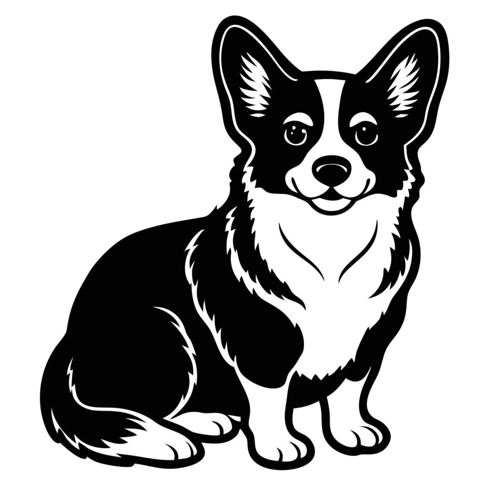 A black and white drawing of a corgi dog vector