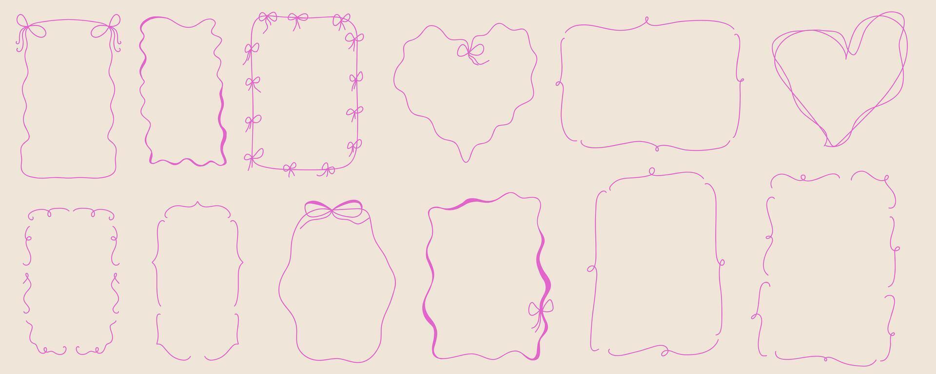 Set of handdrawn frames with decorative bows and hearts, perfect for invitations, greeting cards, or scrapbook design. illustration vector