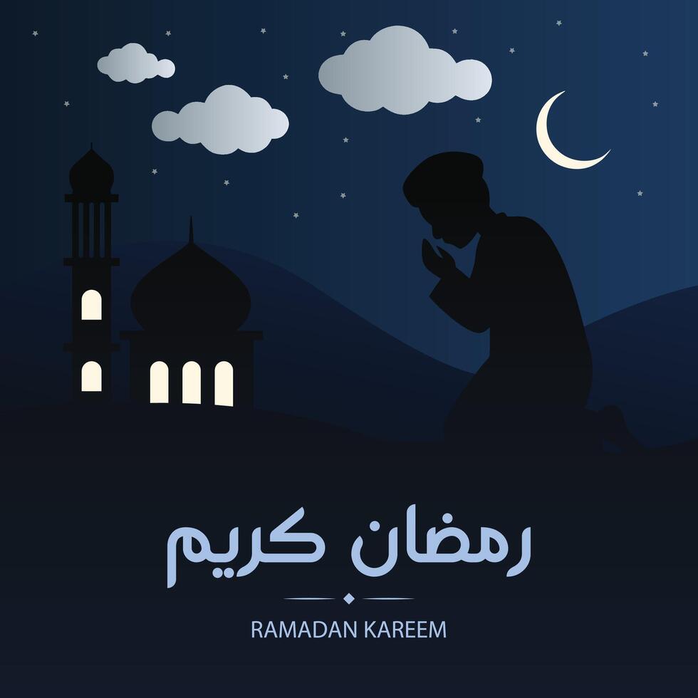 Ramadan Kareem Muslim Man Praying Under Crescent Moon Near Mosque Greeting Card or Social Media Post vector