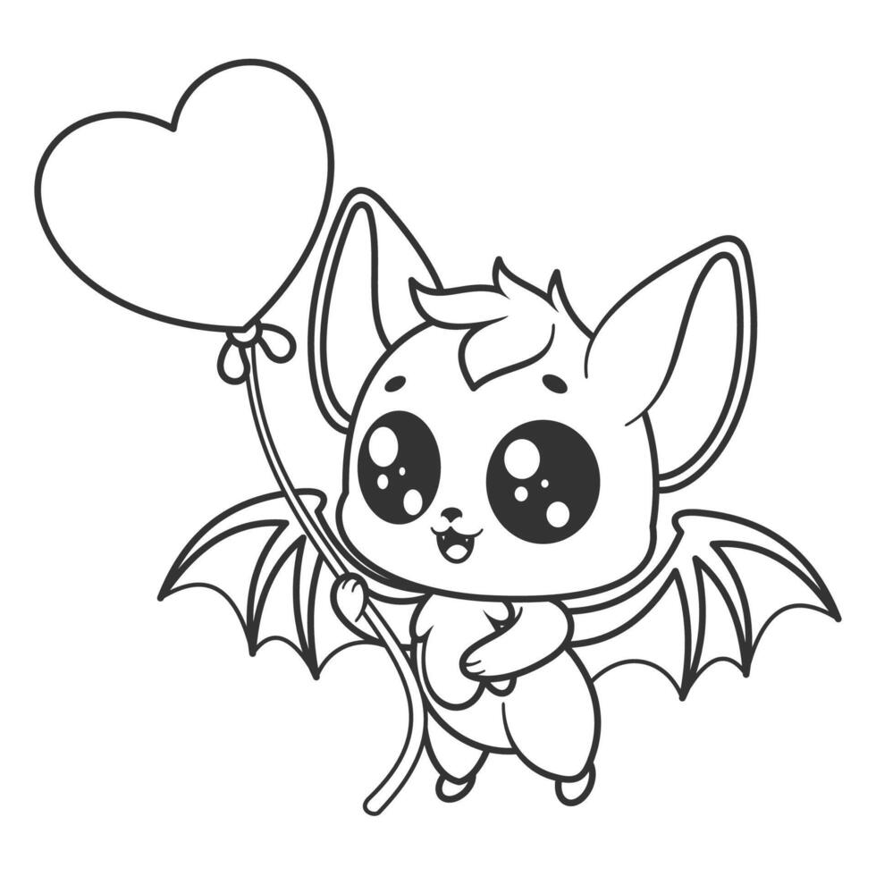 Cute bat feels happy to have a balloon, for coloring vector