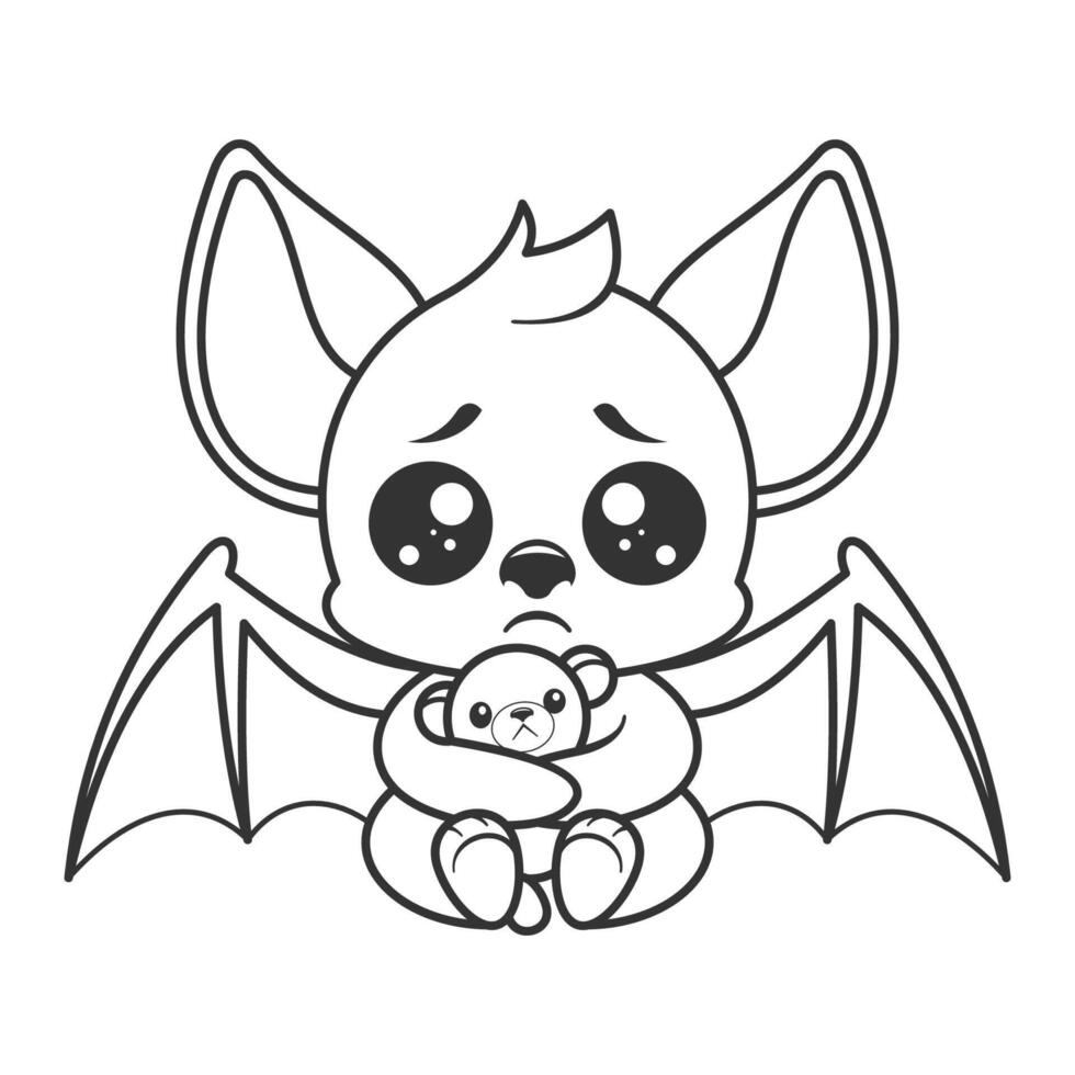 Cute bat feels sad, for coloring vector