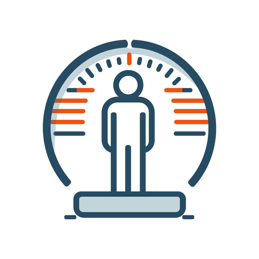 Minimal Human Figure on a Weighing Scale with a Speedometer Gauge Symbolizing Weight Awareness Icon vector