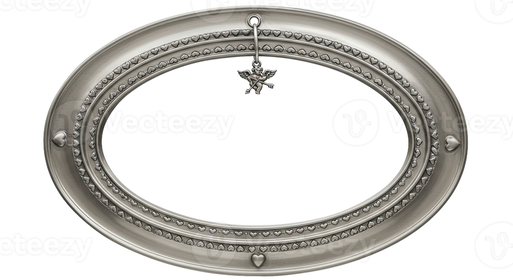 A silver round frame with a bird hanging from it png