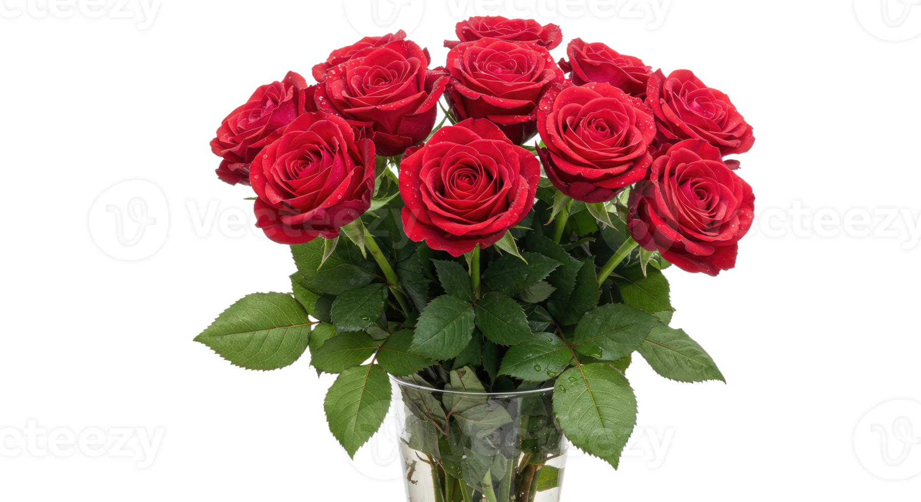 A Vibrant Bouquet of Red Roses With Lush Green Leaves. Arrange the Roses in a Clear Glass Vase png