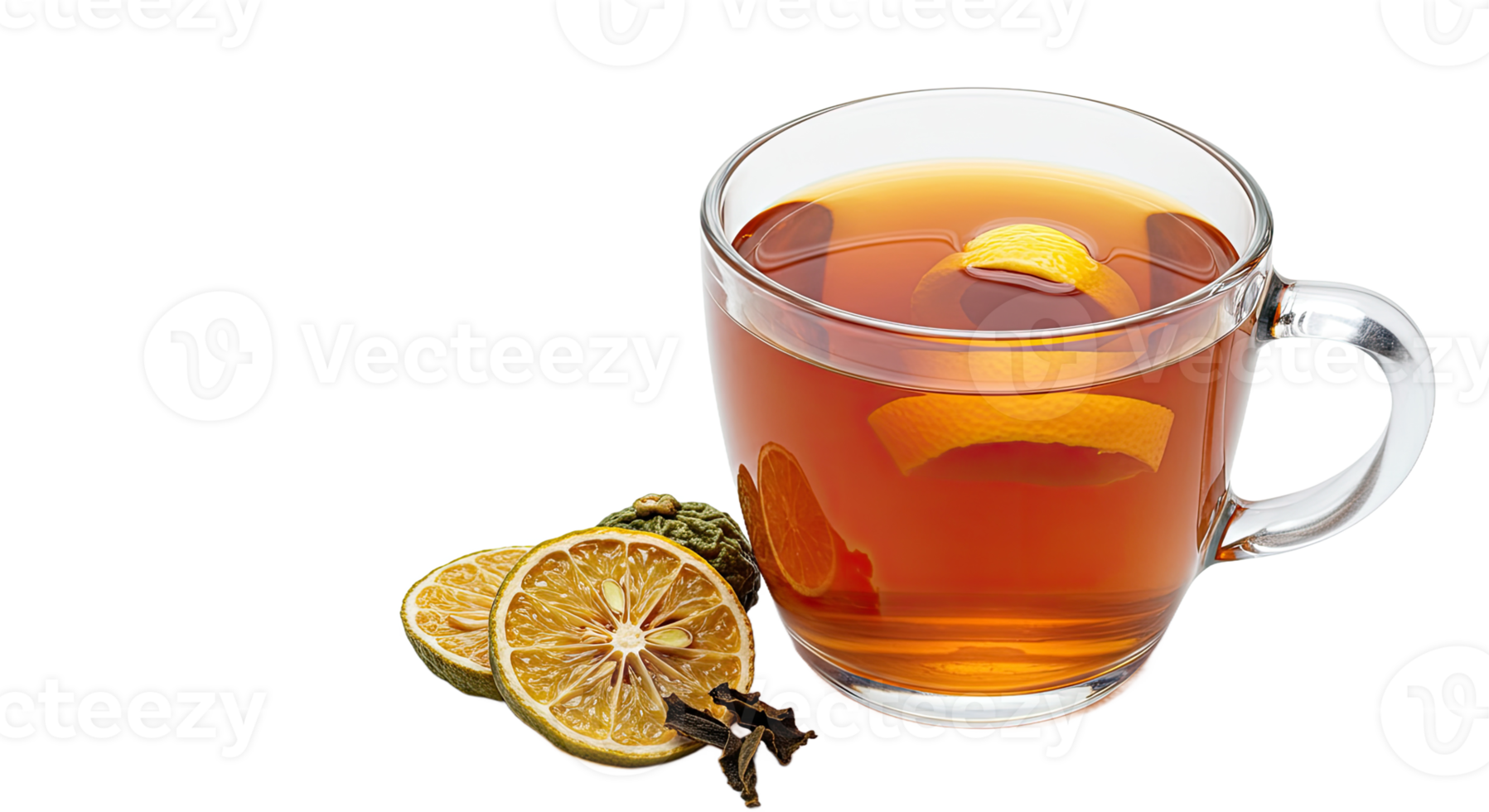 A glass of tea with a lemon slice png