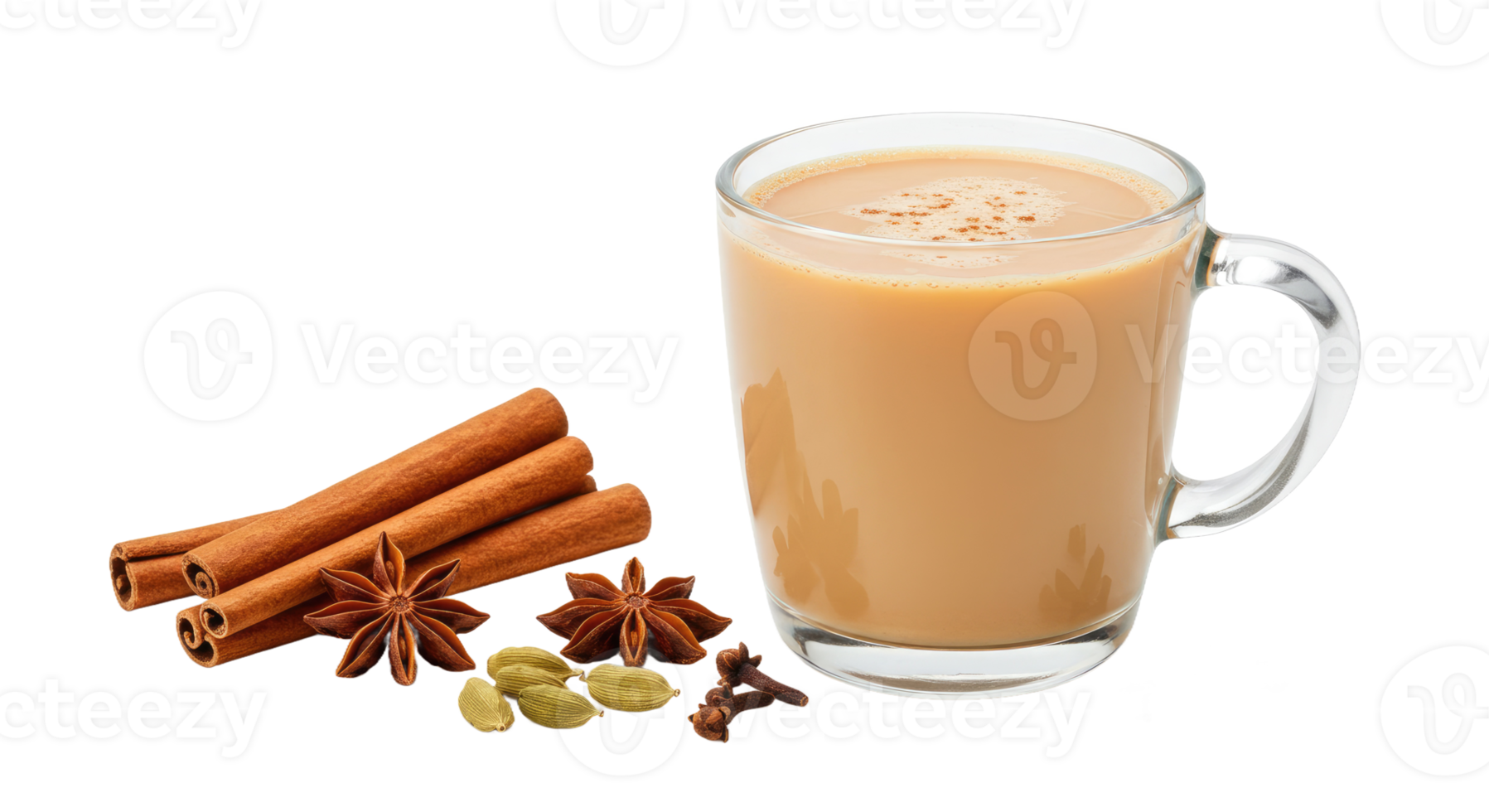 A glass of tea with cinnamon, anise and star anise png