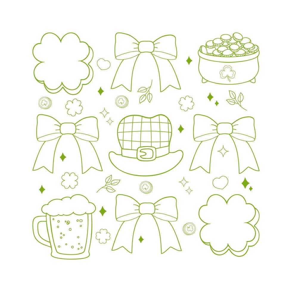 St. Patrick's Day set. Outline elements for retro design. Hats, four-leaf clovers, glasses of beer, pots with gold, horseshoes and coins. Patrick's Day celebration vector