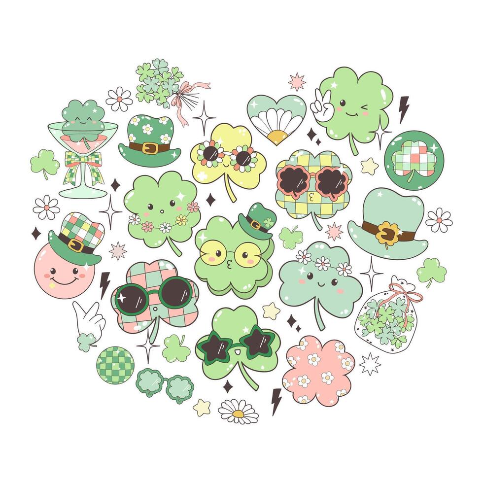 St. Patrick's Day Elements for retro design. Hats, four-leaf clovers, glasses of beer, pots with gold, horseshoes and coins. St Patricks Day t-shirt Design vector