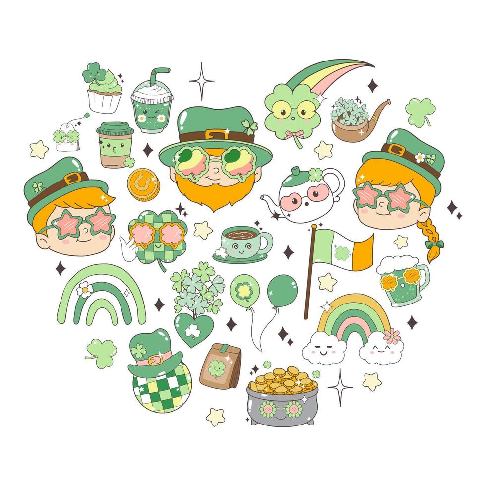St. Patrick's Day Elements for retro design. Hats, Groovy Leprechaun, glasses of beer, pots with gold, horseshoes and coins. St Patricks Day t-shirt Design vector