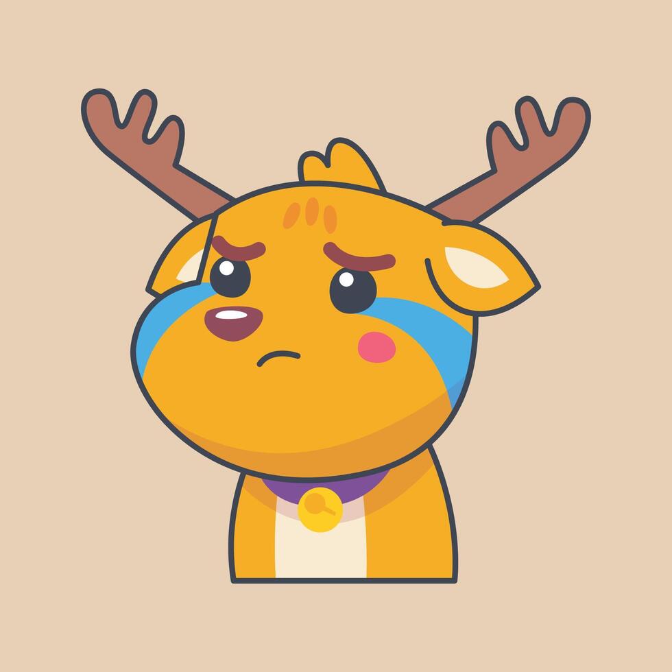 Deer crying face cartoon character in outline flat design vector
