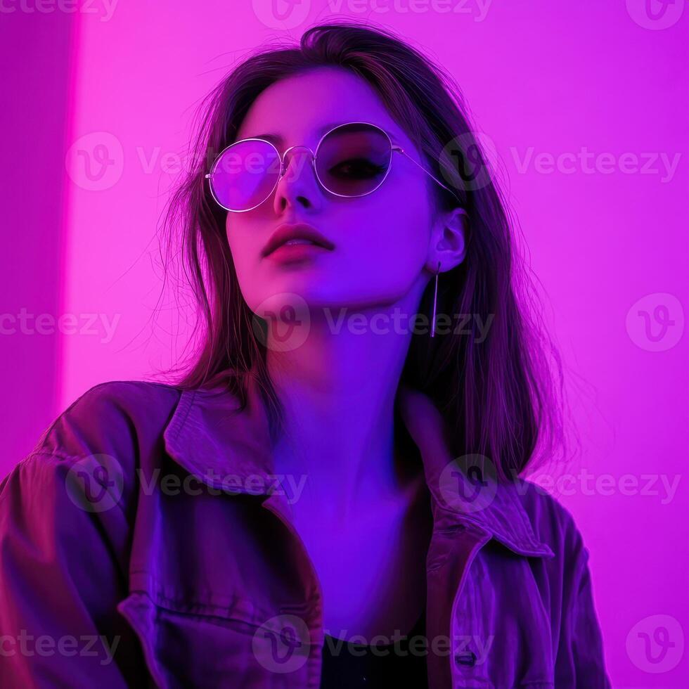 A woman wearing sunglasses in front of a purple light photo