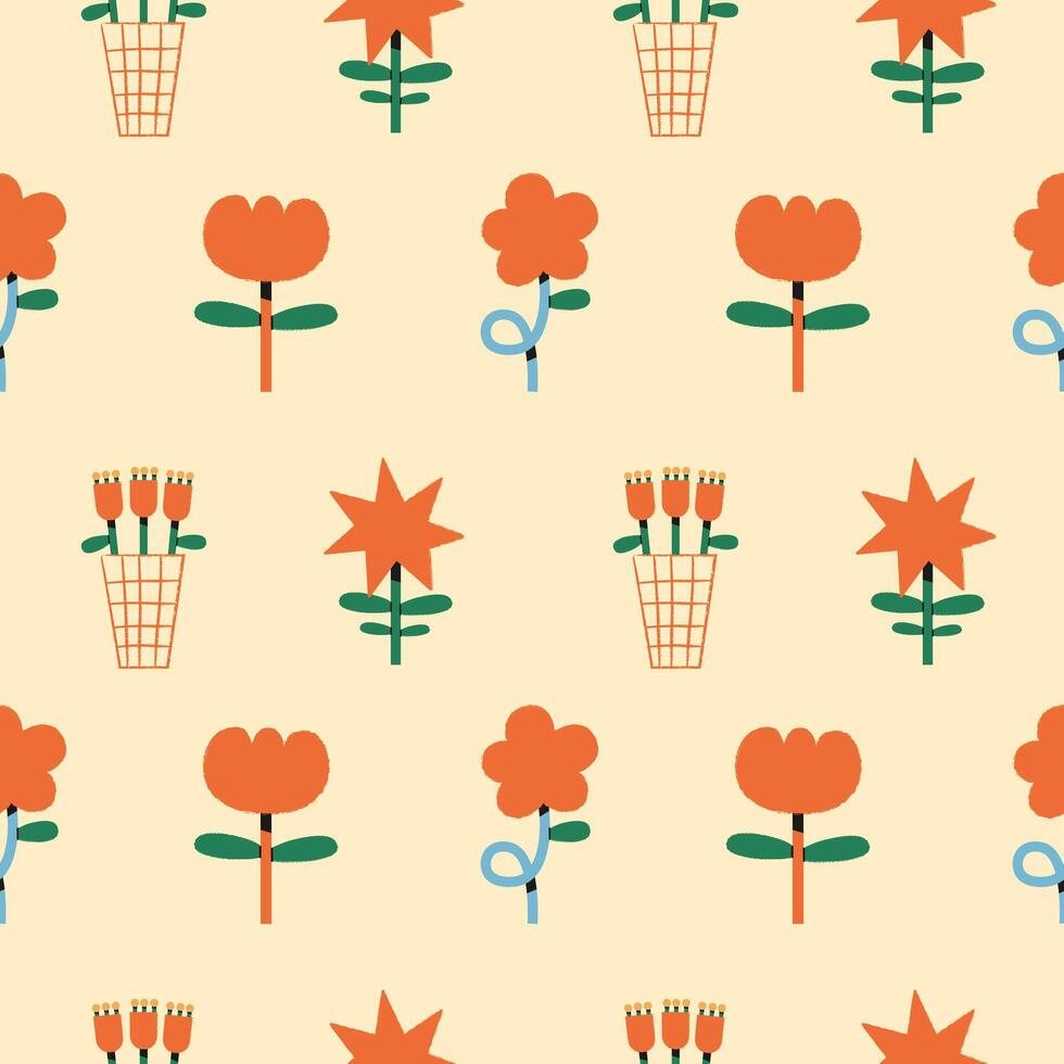 Cute floral pattern with flowers, bouquet seamless pattern simple background. Children's brush drawing backdrop for fabric, packaging, wallpaper, wrapping paper design. illustration EPS10 vector