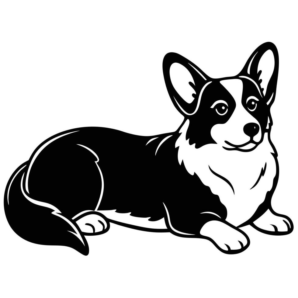 A black and white drawing of a corgi dog vector