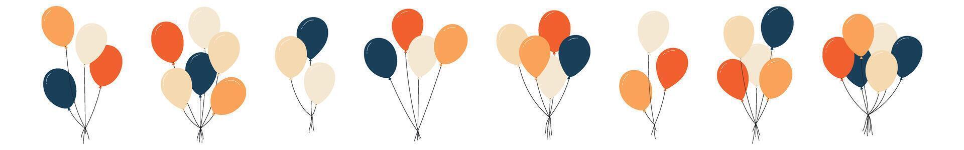 balloons with strings, simple doodle outline, floating party decoration for birthday celebration. Flat illustration isolated on white background. vector