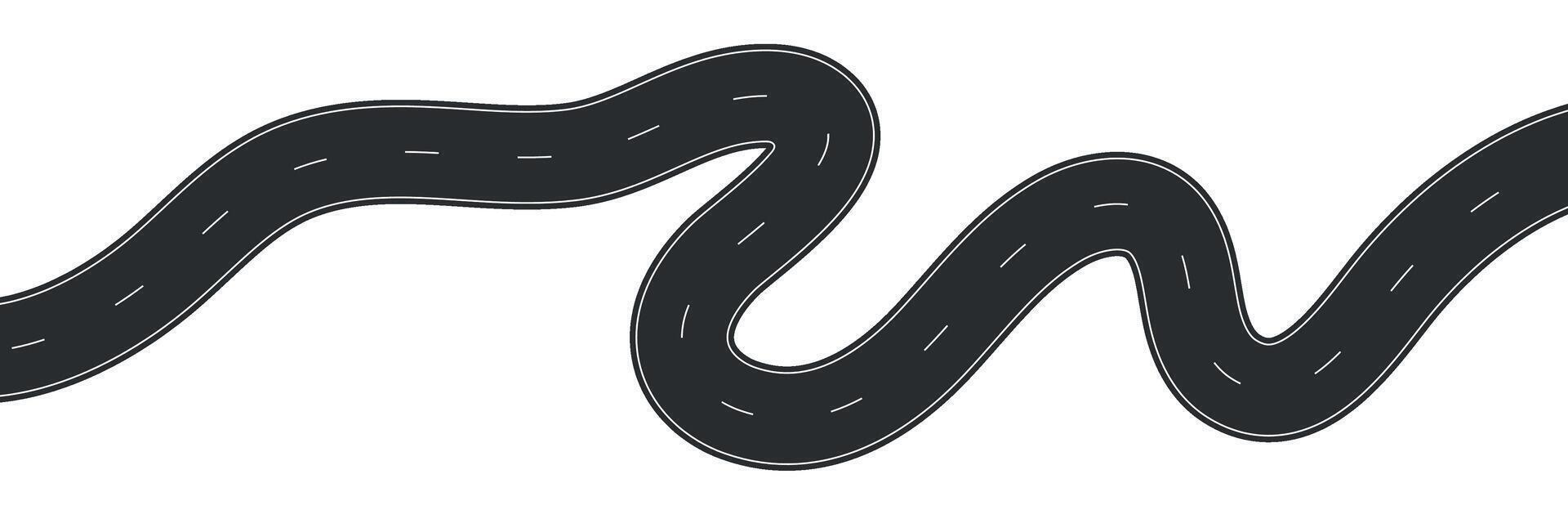 Winding road top , curved highway path with lane markings, long trip route map, wavy street track design. Flat illustration isolated on white background. vector