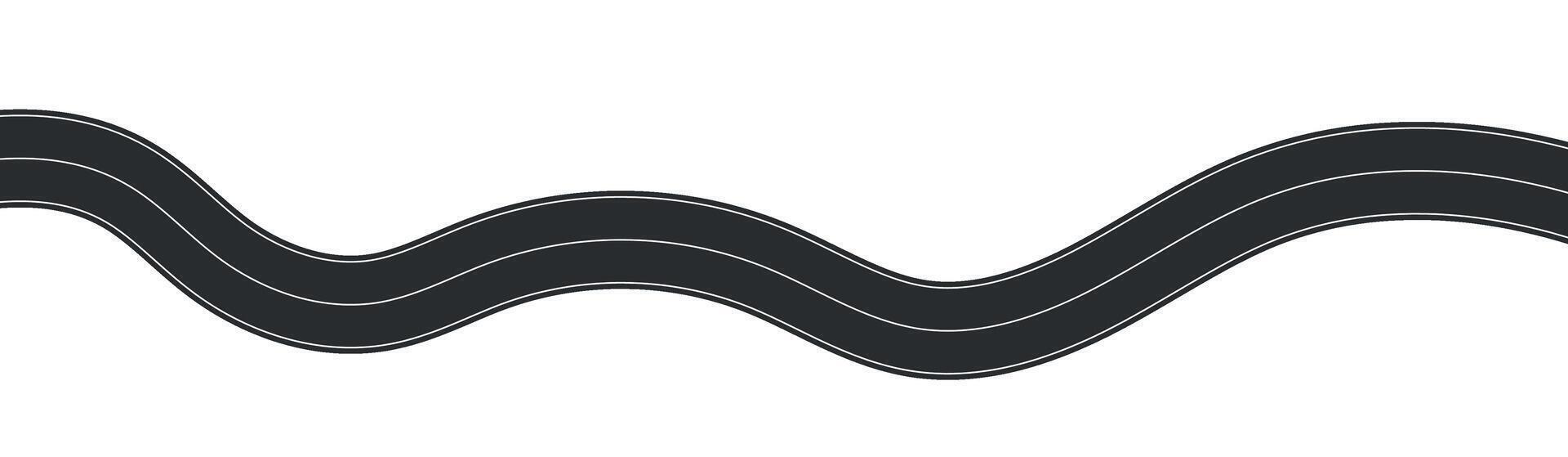 Winding road top view, curved highway path with lane markings, race track or travel route map, wavy roadway design. Flat illustration isolated on white background. vector