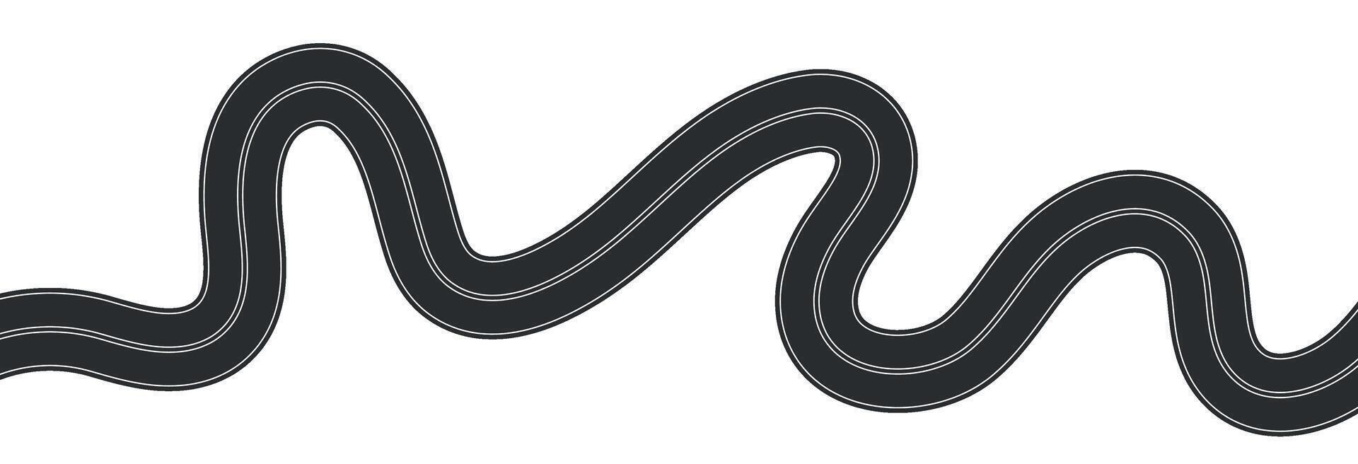 Aerial top view of curved road, highway path with lane markings, race track or street map element, asphalt texture in cartoon style. Flat illustration isolated on white background. vector