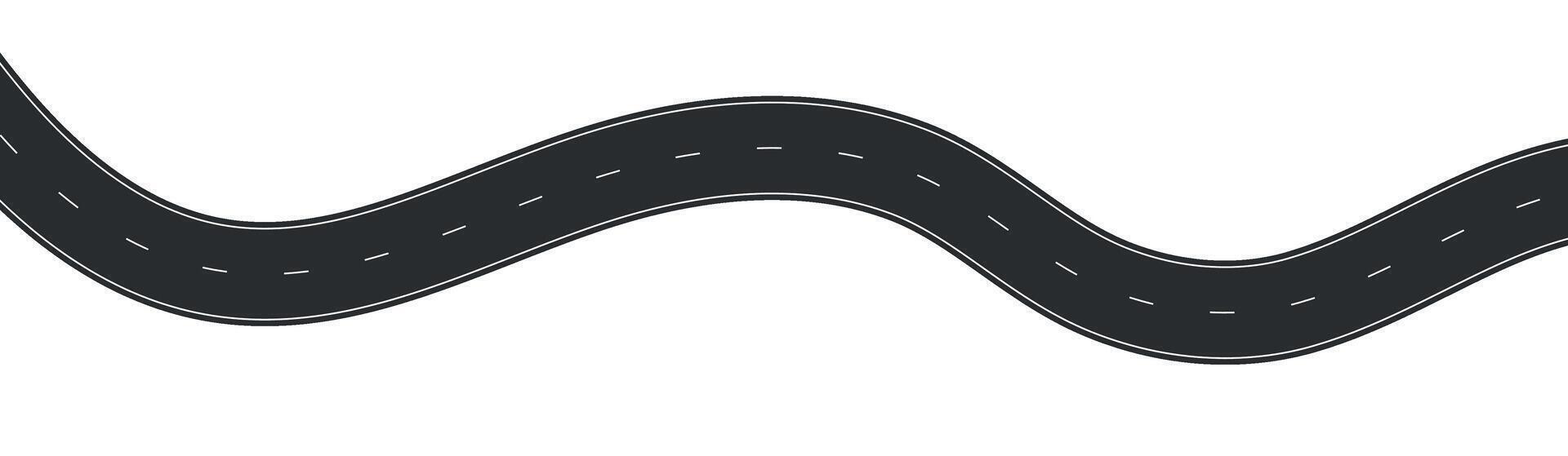 road view, curved highway path with lane markings, long trip route map, wavy street track design. Flat illustration isolated on white background. vector