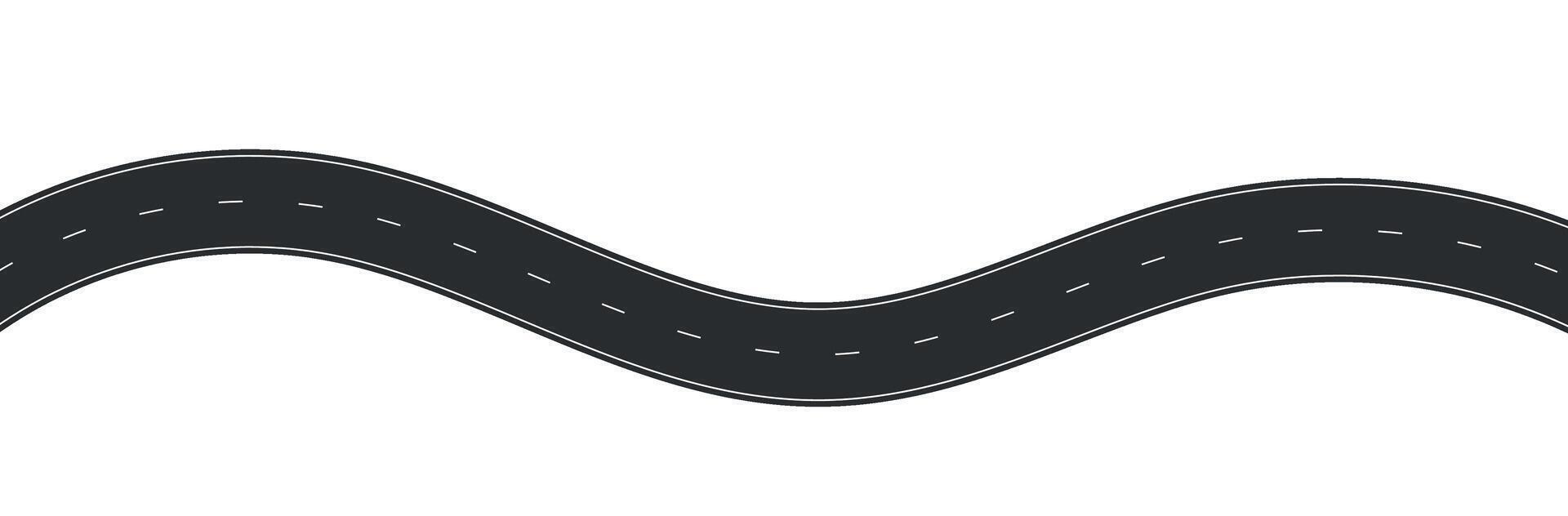road top view, curved highway path with lane markings, long trip route map, wavy street track design. Flat illustration isolated on white background. vector