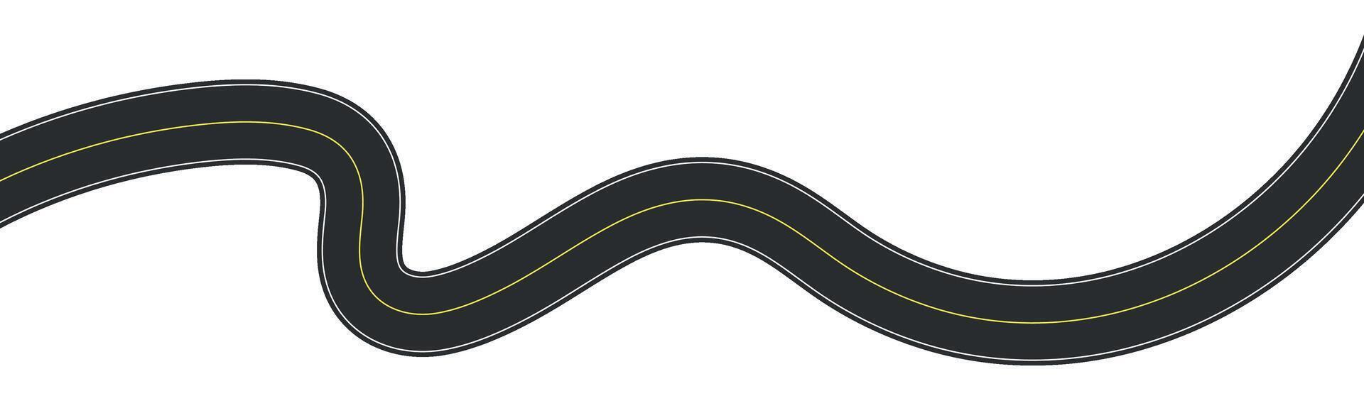 Winding road top view, highway path with lane markings, long trip route map, wavy street track design. Flat illustration isolated on white background. vector