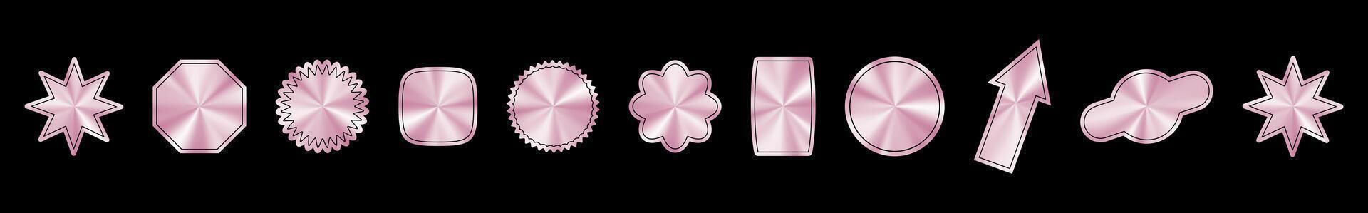 Holographic pink sticker with metallic foil texture, circular badge label, chrome gradient emblem for certificate or tag. Flat illustration isolated vector